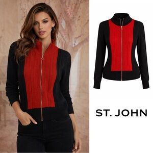 St. John Sport Black and Red Cable Knit Color Block Cardigan